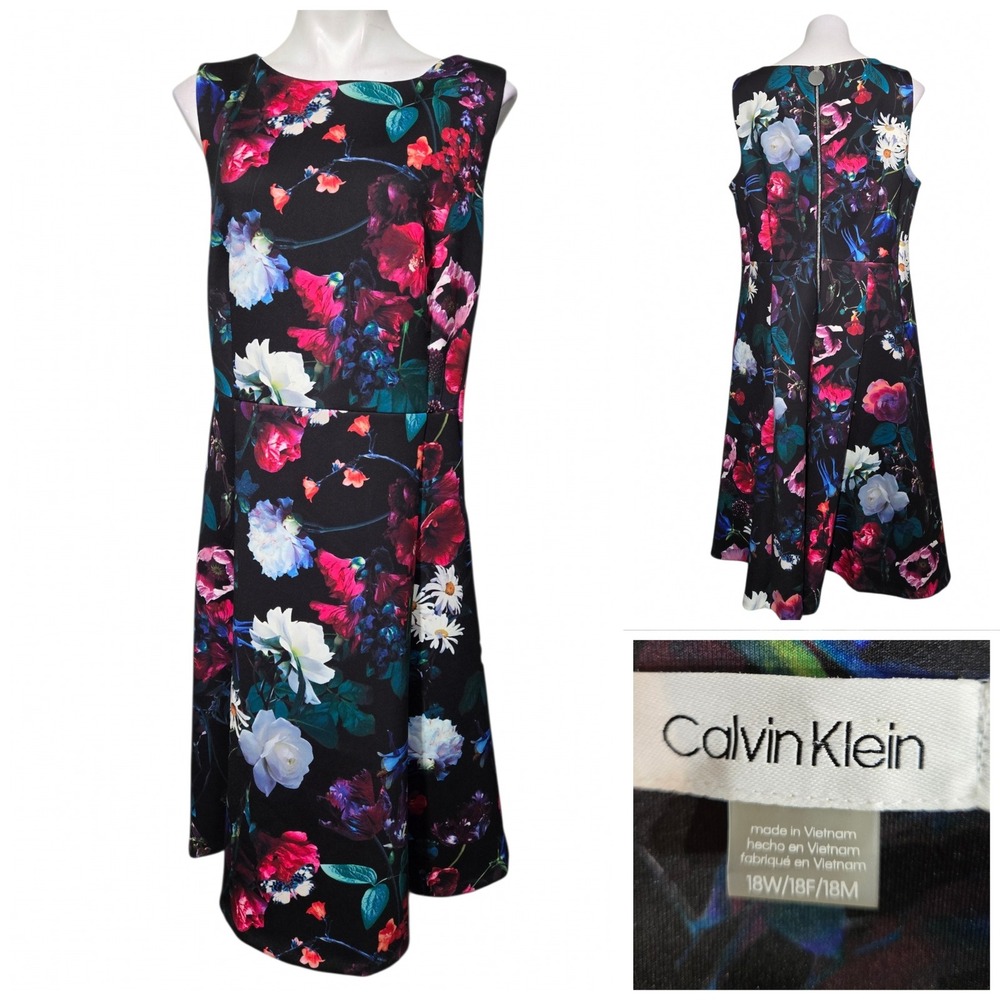 Calvin Klein dress 18W Floral Scuba stretch Sleeveless Fit & Flare office garden